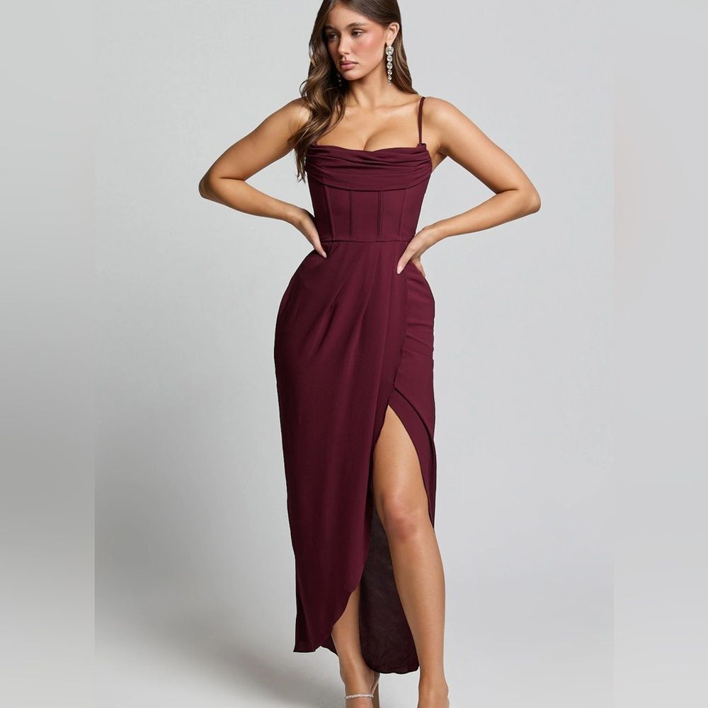 Showpo Burgundy Cowl Neck Midi Dress Wrap Hem Wedding Guest US 4